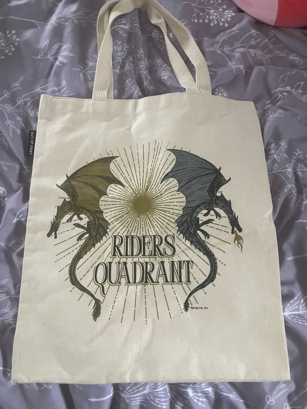 Out of Print Cream Tote Bag with Green and Blue Dragon Design